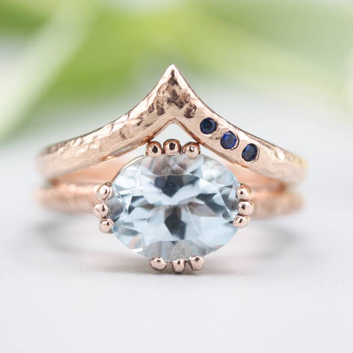 Set of 2 Blue Topaz Cocktail Rings with Sapphire Accents for wholesale by Metal Studio Jewelry