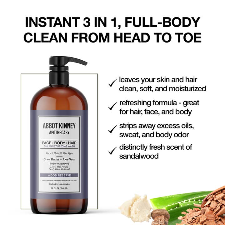 Abbot Kinney Apothecary - Wholesale 2-in-1 Shampoo & Body Wash - Men's - Men's 3 in1 Shampoo, Conditioner & Body Wash & Soap - Woods