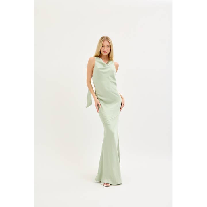 COWL NECK AND BACKLESS DETAIL SATIN MAXI DRESS for wholesale by LENA