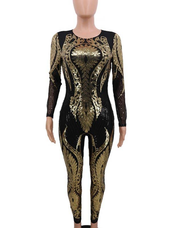 Aria Romance - Wholesale Jumpsuit - Women's - Glamorous Sequin Upscale Women's Long-Sleeved See-Through Jumpsuit