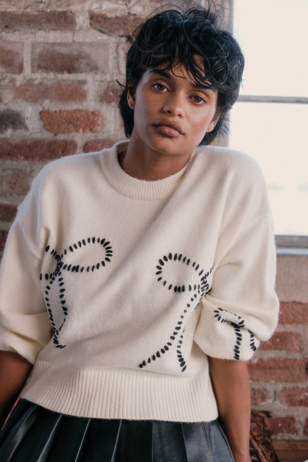 Promesa USA - Wholesale Knit Sweater - Women's - Solid Bow-Embroidered Bubble-Sleeve Sweater0