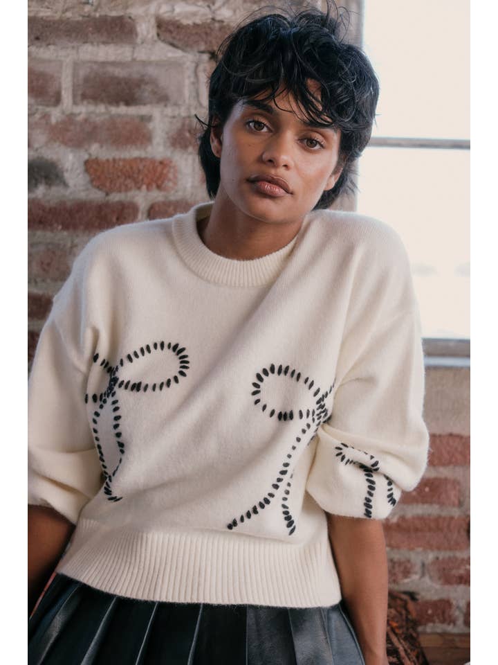 Promesa USA - Wholesale Knit Sweater - Women's - Solid Bow-Embroidered Bubble-Sleeve Sweater