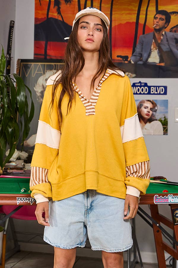 BUCKETLIST INC - Wholesale Knit Top - Women's - T2004 French Terry Knit Color-block Collared Loose Fit Top14