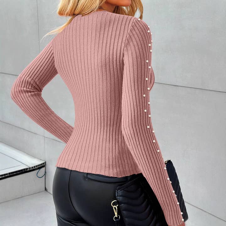 PINK SOLID COLOR PUFFLE-BEAD KNOTTED WOOL SWEATER for wholesale on Faire