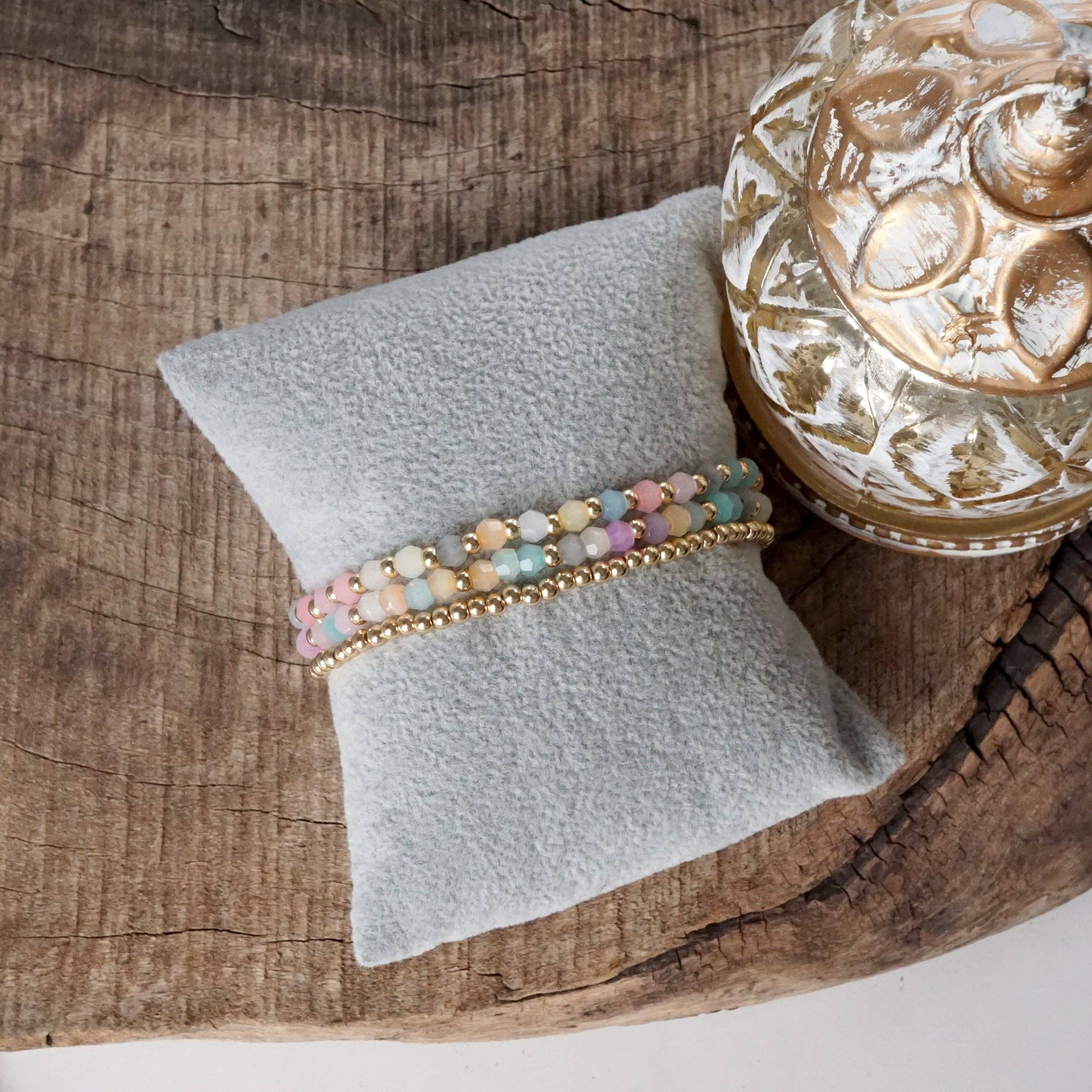 PennyLine inc - Wholesale Beaded Bracelet - Small Gold tone and Glass beads bracelet stack of 3 bracelets - Pink Mint Multi2