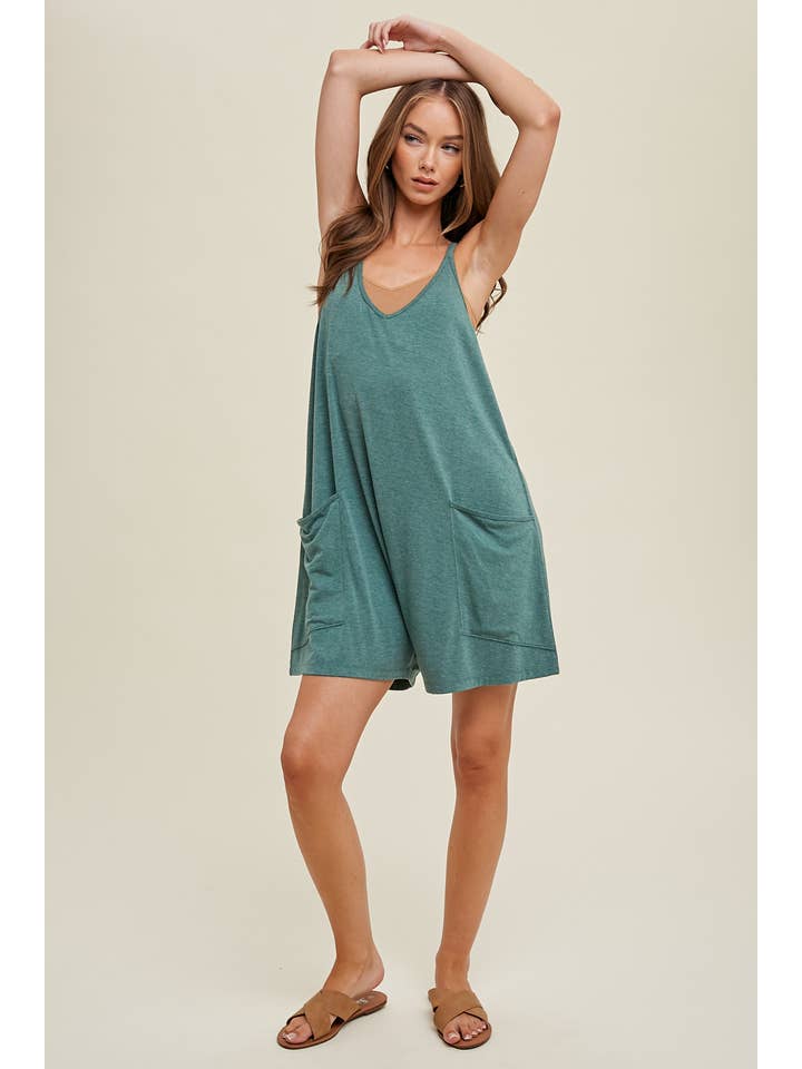 T GREEN SLUB KNIT ROMPER WITH POCKETS / WL22-6920 for wholesale on Faire