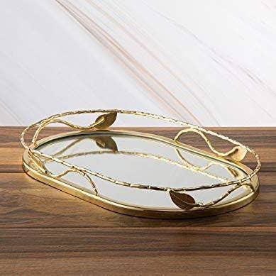 Hermosa bandeja de espejo ovalada con diseño de pan dorado, elegante bandeja de tocador ovalada con barras laterales, es un gran regalo llamativo para venta al por mayor de Le'raze