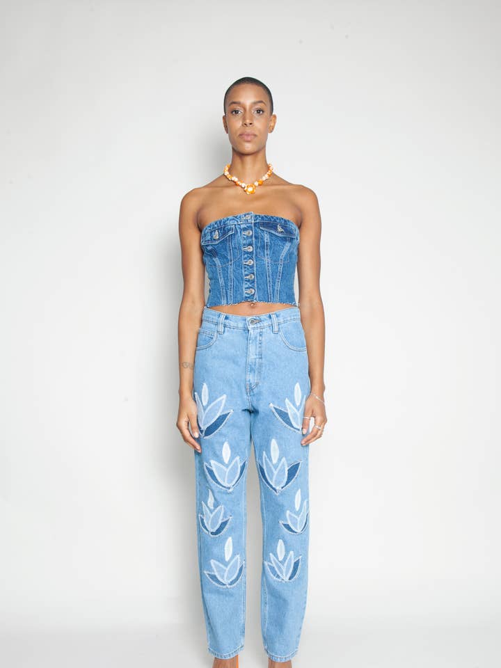 High Waisted Organic & Recycled Denim Leaf Blue Jeans for wholesale by FANFARE LABEL
