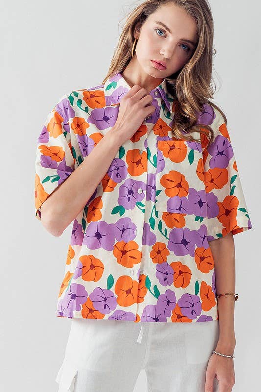ORANGE LAVENDER HAILEE BUTTON DOWN FLORAL PRINT TOP for wholesale on Faire2