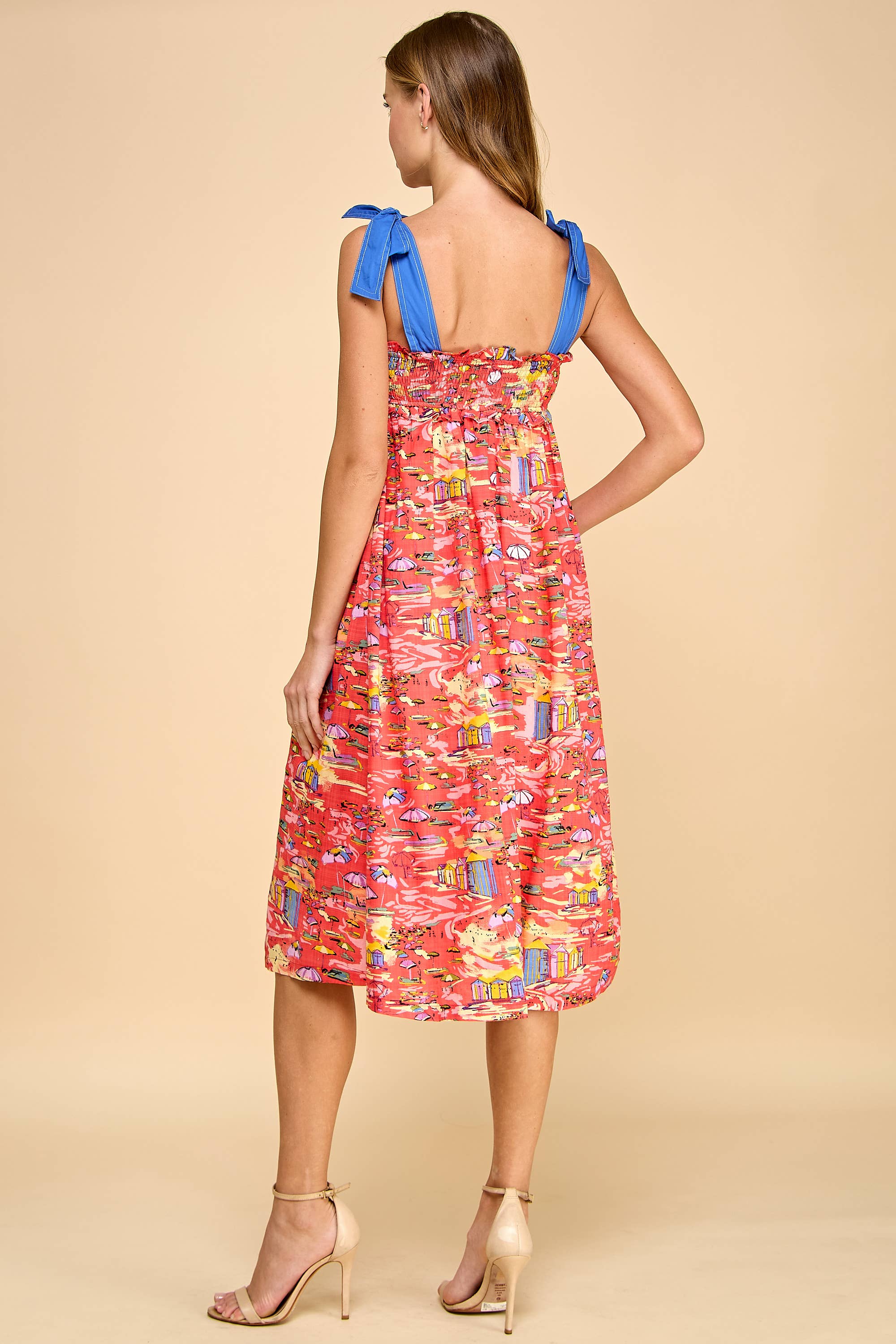 Red CD05123-Abstract Print Smocked Bodice midi Dress for wholesale on Faire4