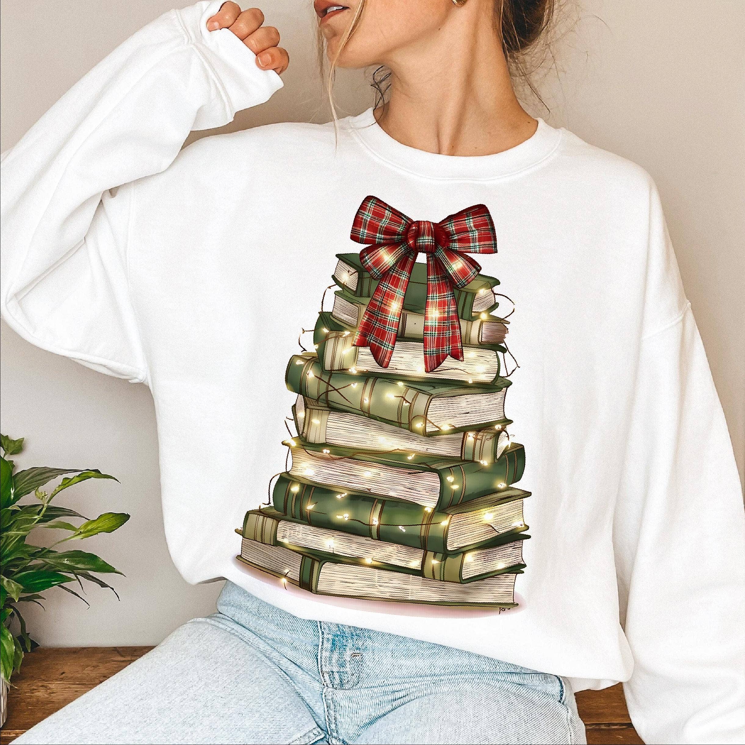 DLT Ecommerce - Vendita all'ingrosso Maglietta stampata - Donna - Maglietta Albero di Libri di Natale, Maglione Retrò di Lettura Natalizia3