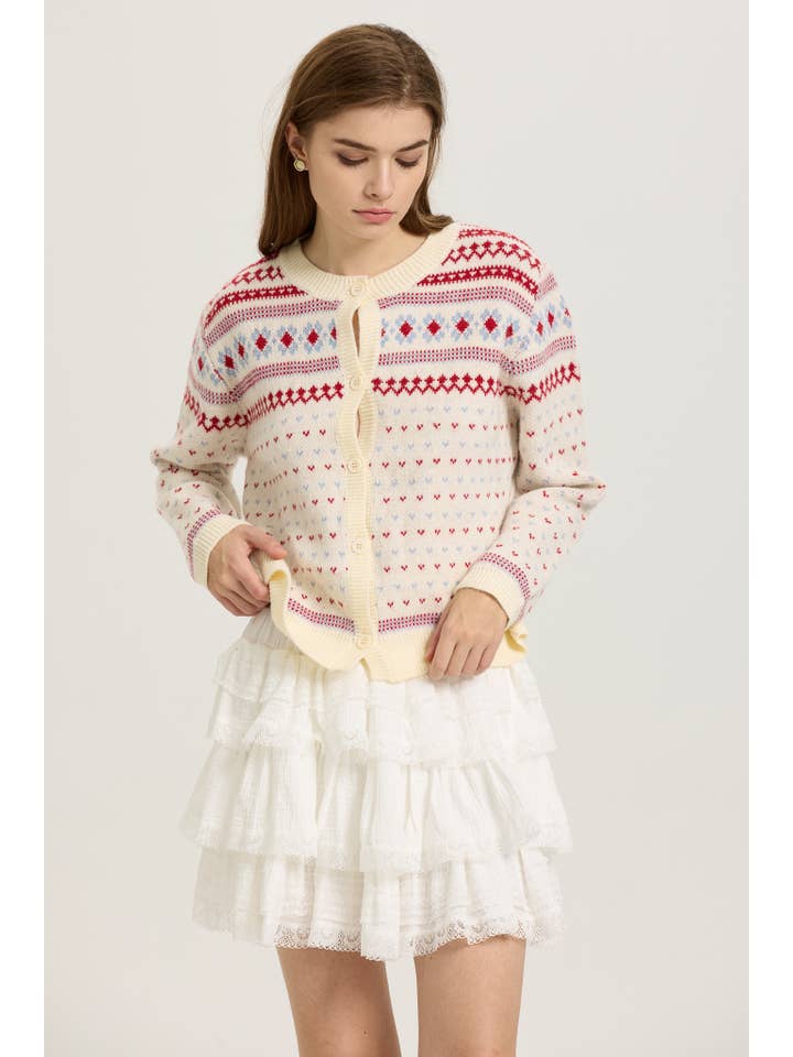 ROSIE POSIE - Wholesale Cardigan - Women's - Fair Isle Knit Cardigan with Red and Blue Accents