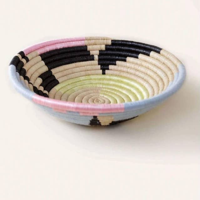 The African Home Goods - Wholesale Decorative Plate/Dish/Bowl - African Rwanda Woven Basket - Abstract Form Plateau White & Blue & Lime Green