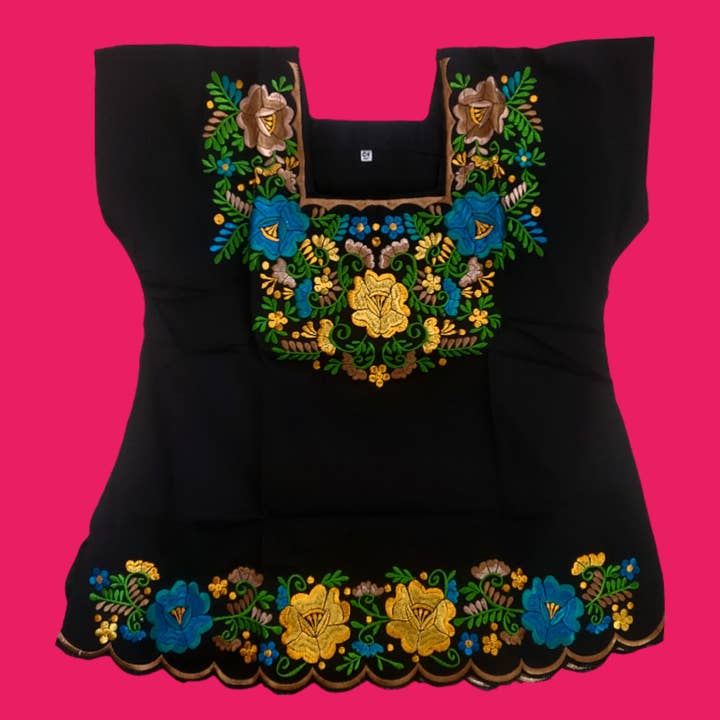 Puerta21 - Venta al por mayor Blusa - Mujer - Blusa bordada con flores mexicanas bordadas, blusa tradicional, colorida blusa mexicana huipil de México, negra