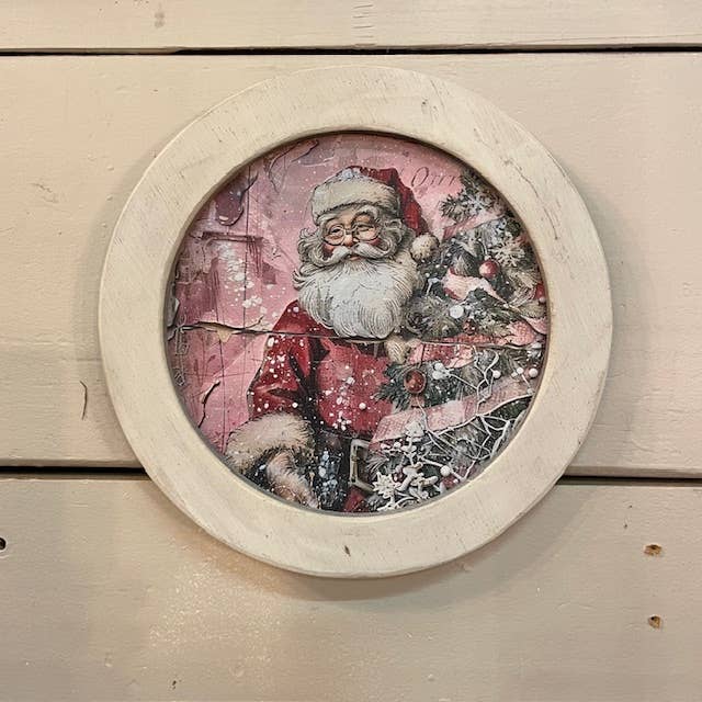 LAND OF COTTON – wholesale Christmas Wall Art – Round Pink Santa Framed Canvas 3