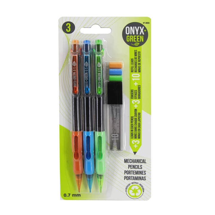 Lot de 3 crayons mécaniques en prime, 3 mines et 3 gommes pour la vente par Onyx and Green