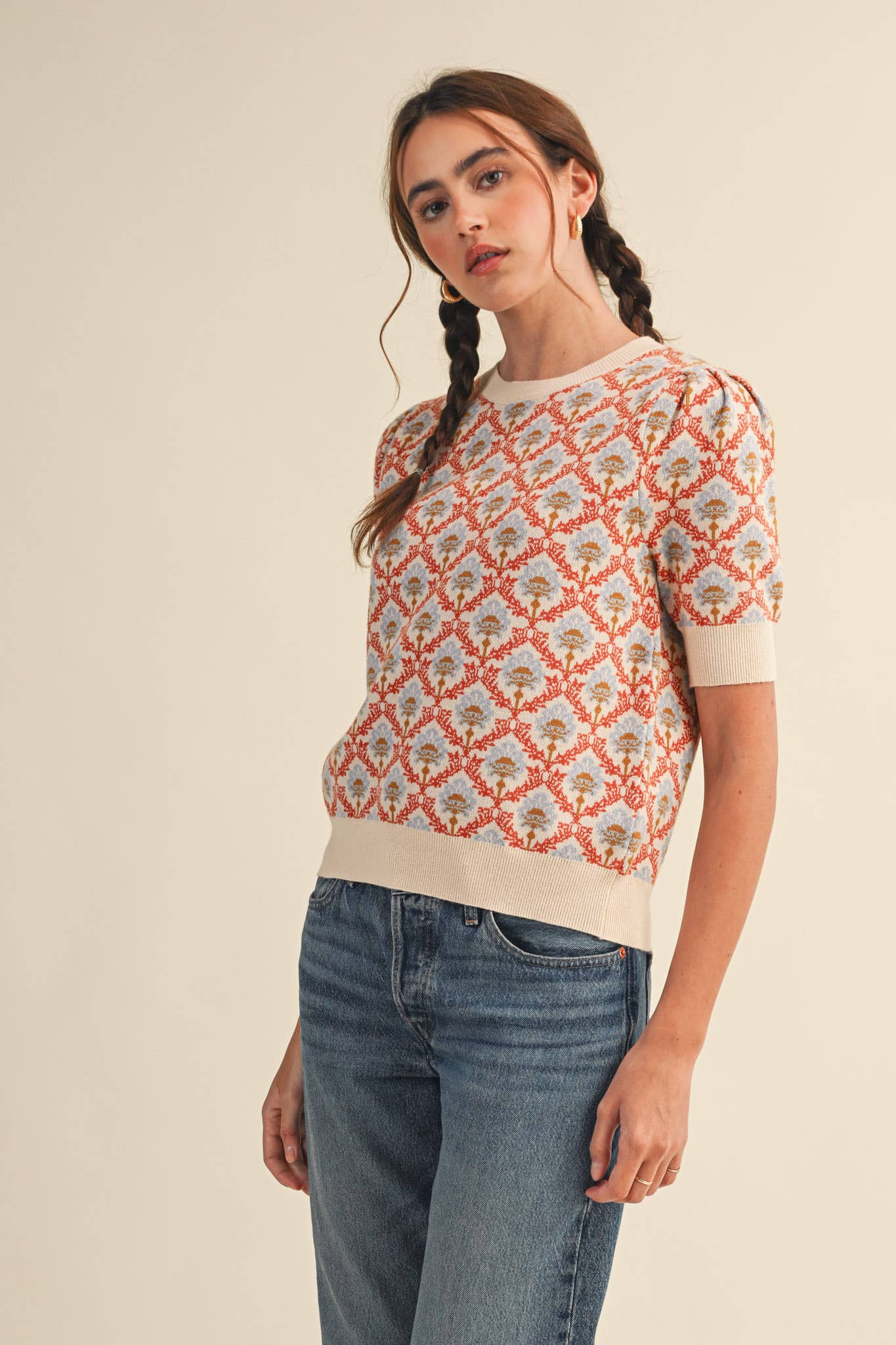 &MERCI - Wholesale Knit Sweater - Women's - FLORAL PATTERN SHORT SLEEVE SWEATER MSW1086049