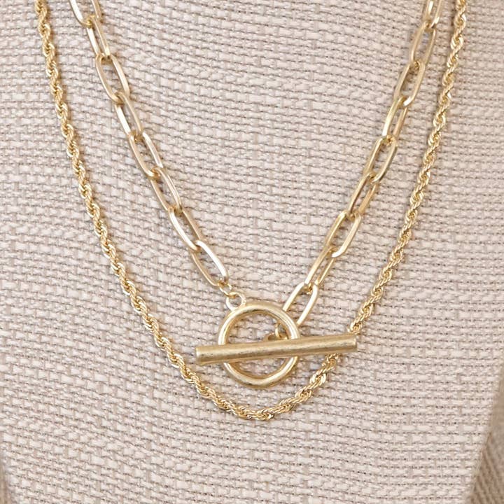 PennyLine inc - Wholesale Link & Chain Necklace - Front Toggle Closure Necklace Multi Layer Chain in Gold tone