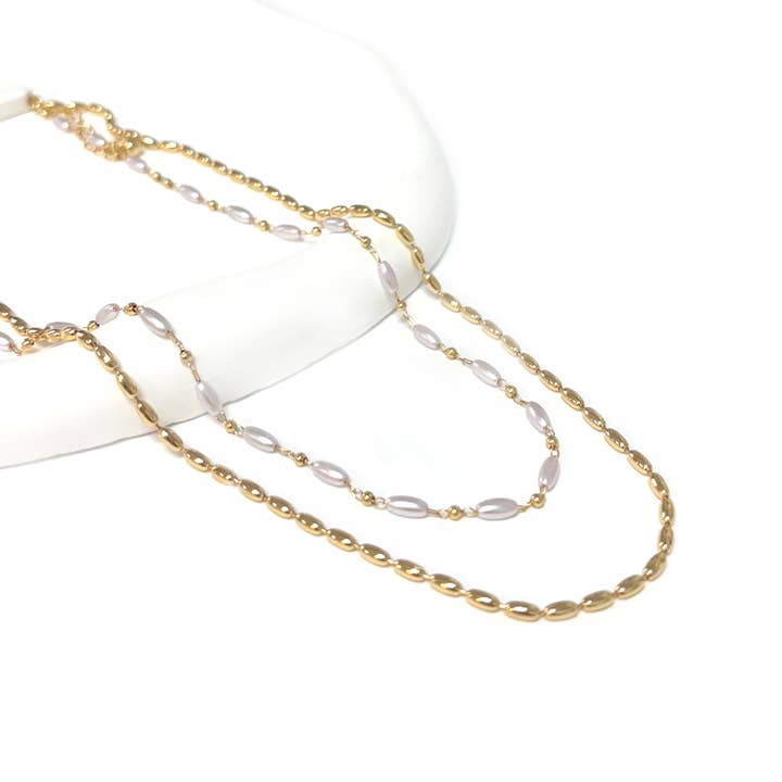 Pearl Rice Bead and Metal Rice Bead 2 Row Necklace for wholesale by StarryNYC