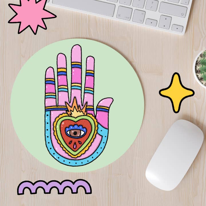 Hand, Sacred Heart, Evil Eye Mousepad for wholesale by Get Stoked