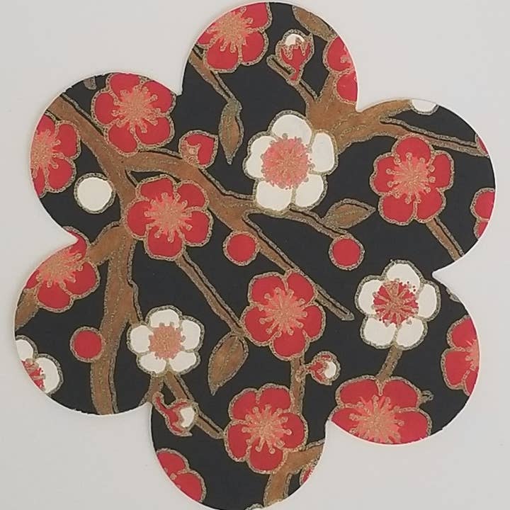 066 Flores de ameixa vermelhas e brancas em chiyogami preto por atacado de Sweet Space Studio
