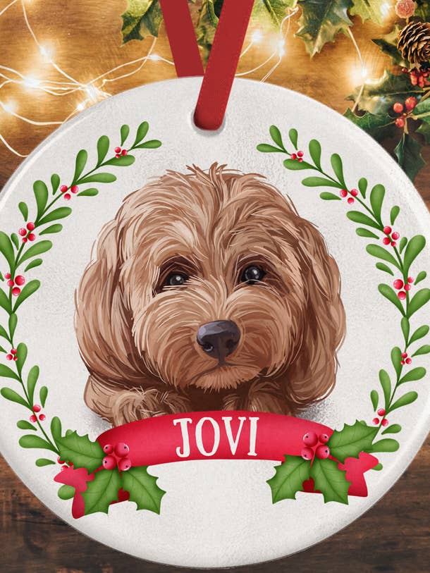 Tan Cockapoo kerstdecoratie voor wholesale door WagATudeTags