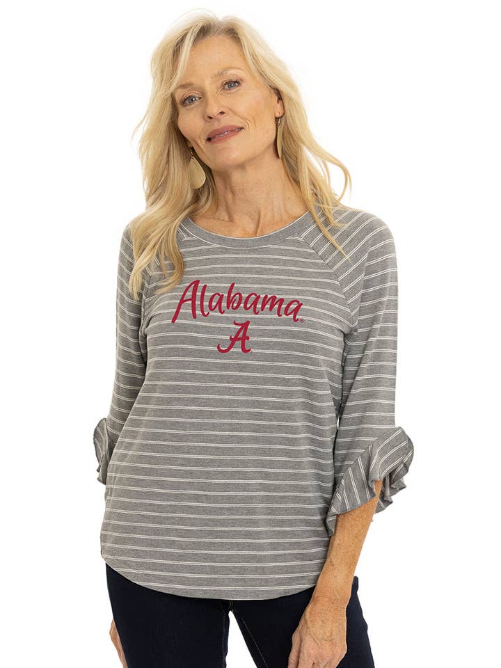 Flying Colors Apparel - Wholesale Screen Printed T-Shirt - Women's - Alabama Crimson Tide Striped Renatta Ruffle Top