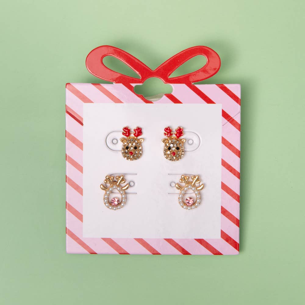 SP Sophia Collection - Wholesale Jewelry Set - Christmas Rudolph Theme Pearl and Rhinestone Earring Set0