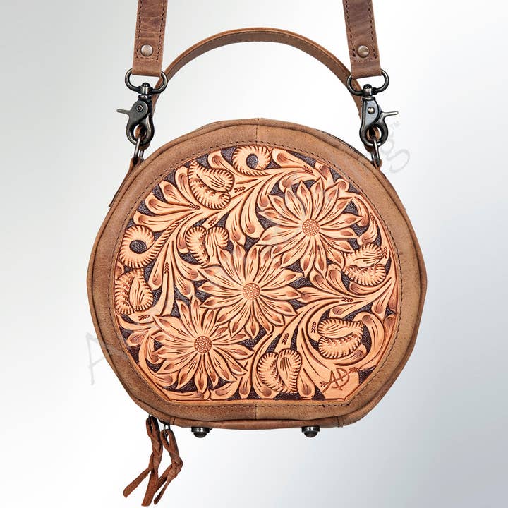 LS Western - Wholesale Crossbody Bag - Women's - LC-ADBG353 Hand-Tooled Western Canteen Leather Crossbody Bag with Feather Headdress Design American Darling1
