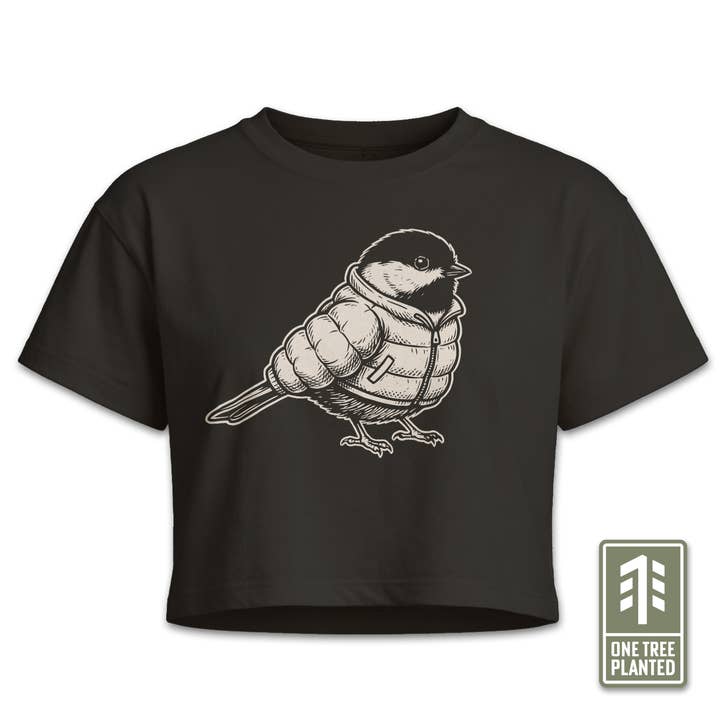 Chickadee Puffer Jacket Crop Tee – Whimsical Bird Graphic for wholesale by Symmetree