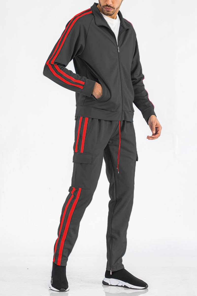 WEIV - Wholesale Tracksuit - Men's - Two Stripe Cargo Pocket Track Suit Set8