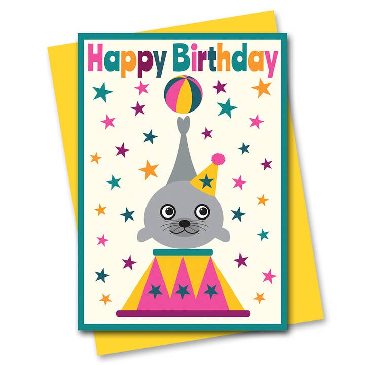 Circus Birthday Card – Balancing Seal for wholesale by Stripey Cats Cards