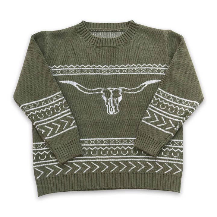 Yawoo Garments - Wholesale Knit Sweater - Kids - Olive bull skull aztec cow baby kids sweater