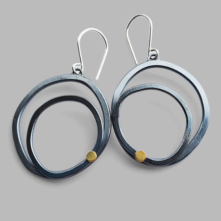 Oxidized modern mixed metal hoop Calm Earrings for wholesale by McKenzie Mendel Jewelry