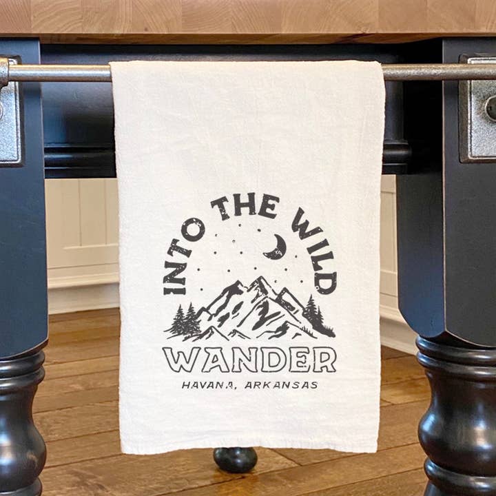 Into the Wild w/ City, State - Custom Cotton Tea Towel for wholesale by North & Pine