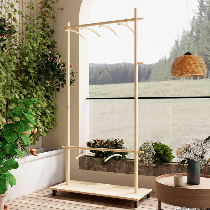 39F Inc. - Vente Cintres - Portant à vêtements en bois massif avec étagère, roulettes et 6 cintres3