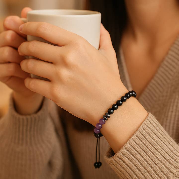 Gemscape UK - Wholesale Beaded Bracelet - Mom Gift Beaded Bracelet Amethyst, Black Onyx Meaningful7