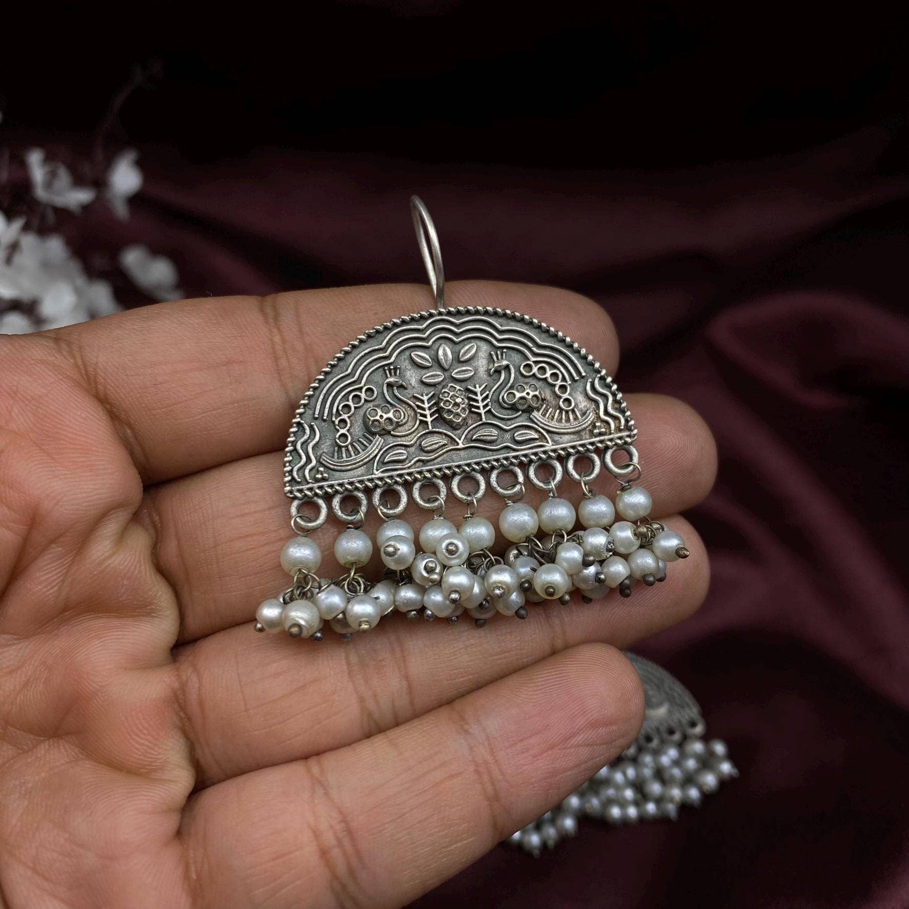 Quirky Fashions - Vente Parures de bijoux - Ensemble de boucles d'oreilles Jhumka en argent, œil protecteur, paon et perles3