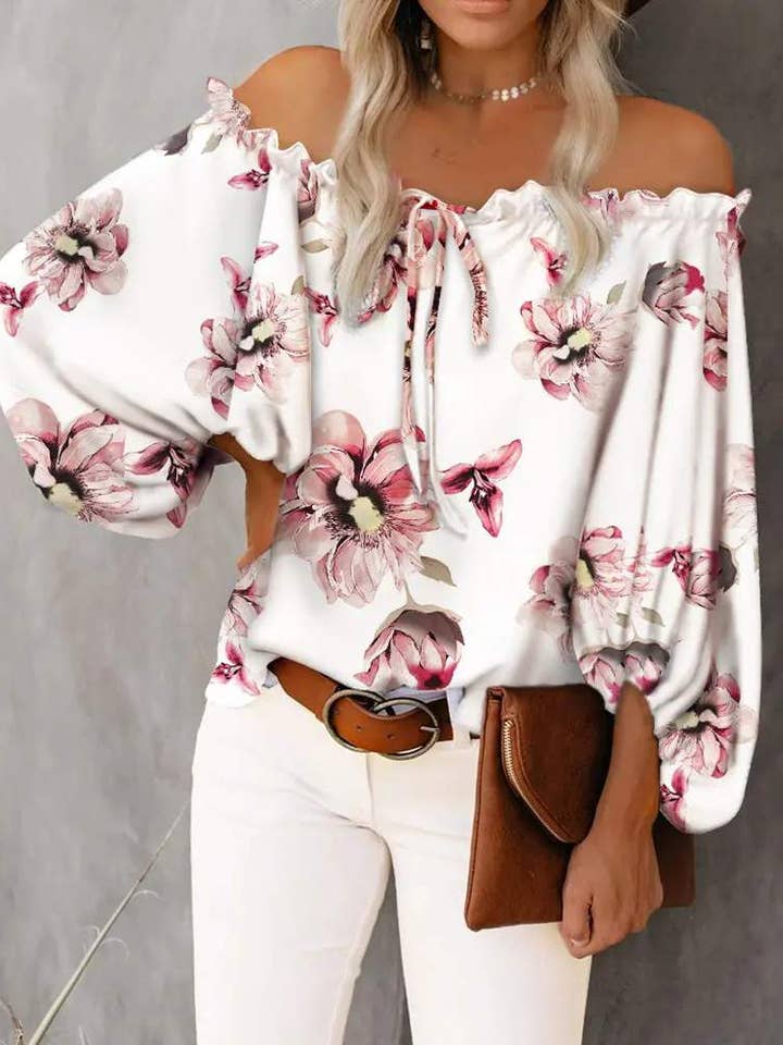 WHITE floral print off shoulder frill hem top for wholesale on Faire