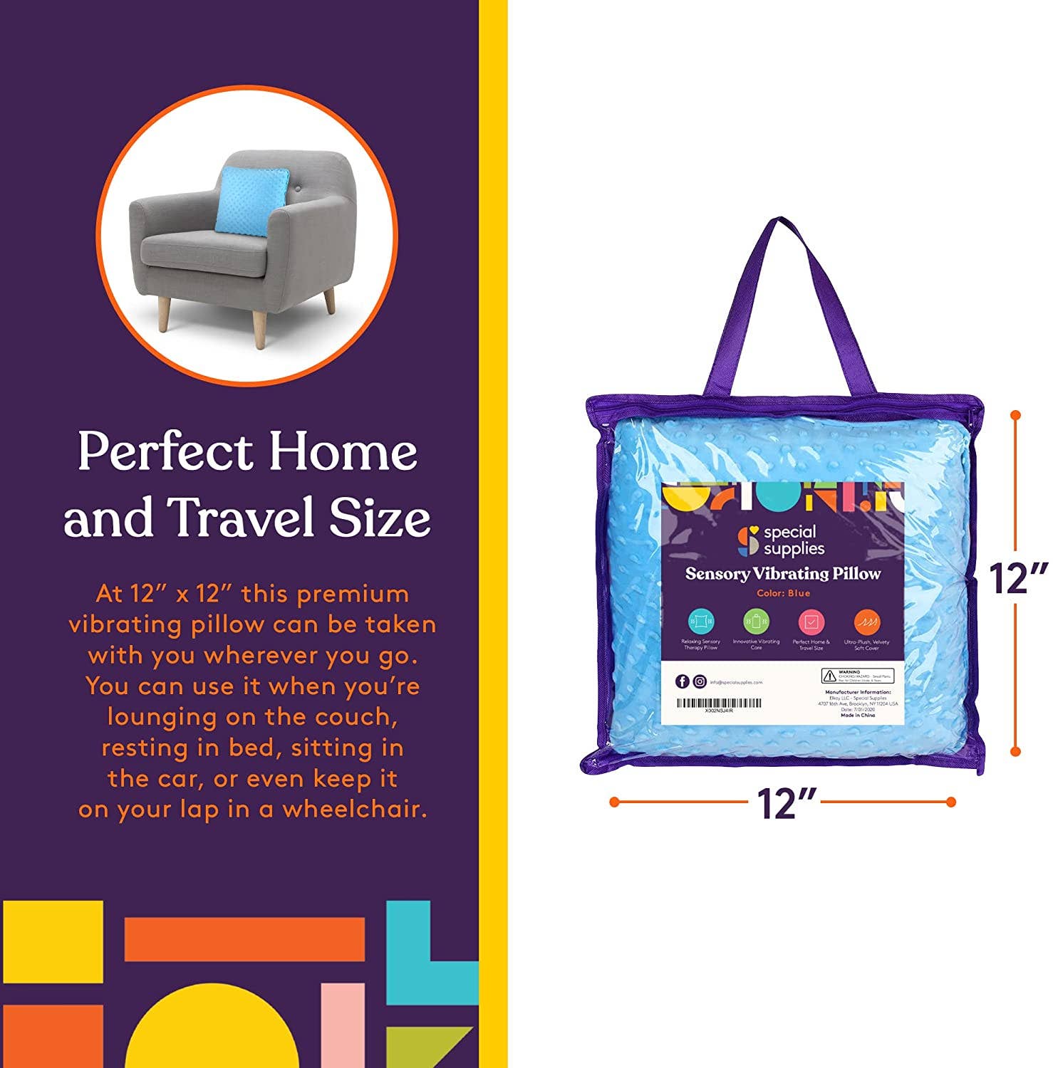 Special Supplies - Wholesale Pillow/Cushion - Kids & Baby - Sensory Vibrating Pillow – Pressure-Activated Calming Support for Kids & Adults, 12” Plush with Textured Bumps, 3 Vibration Modes, Music & Voice Recording (Blue)3