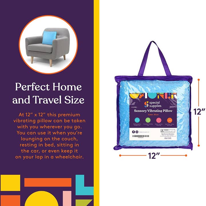 Special Supplies - Wholesale Pillow/Cushion - Kids & Baby - Sensory Vibrating Pillow – Pressure-Activated Calming Support for Kids & Adults, 12” Plush with Textured Bumps, 3 Vibration Modes, Music & Voice Recording (Blue)3