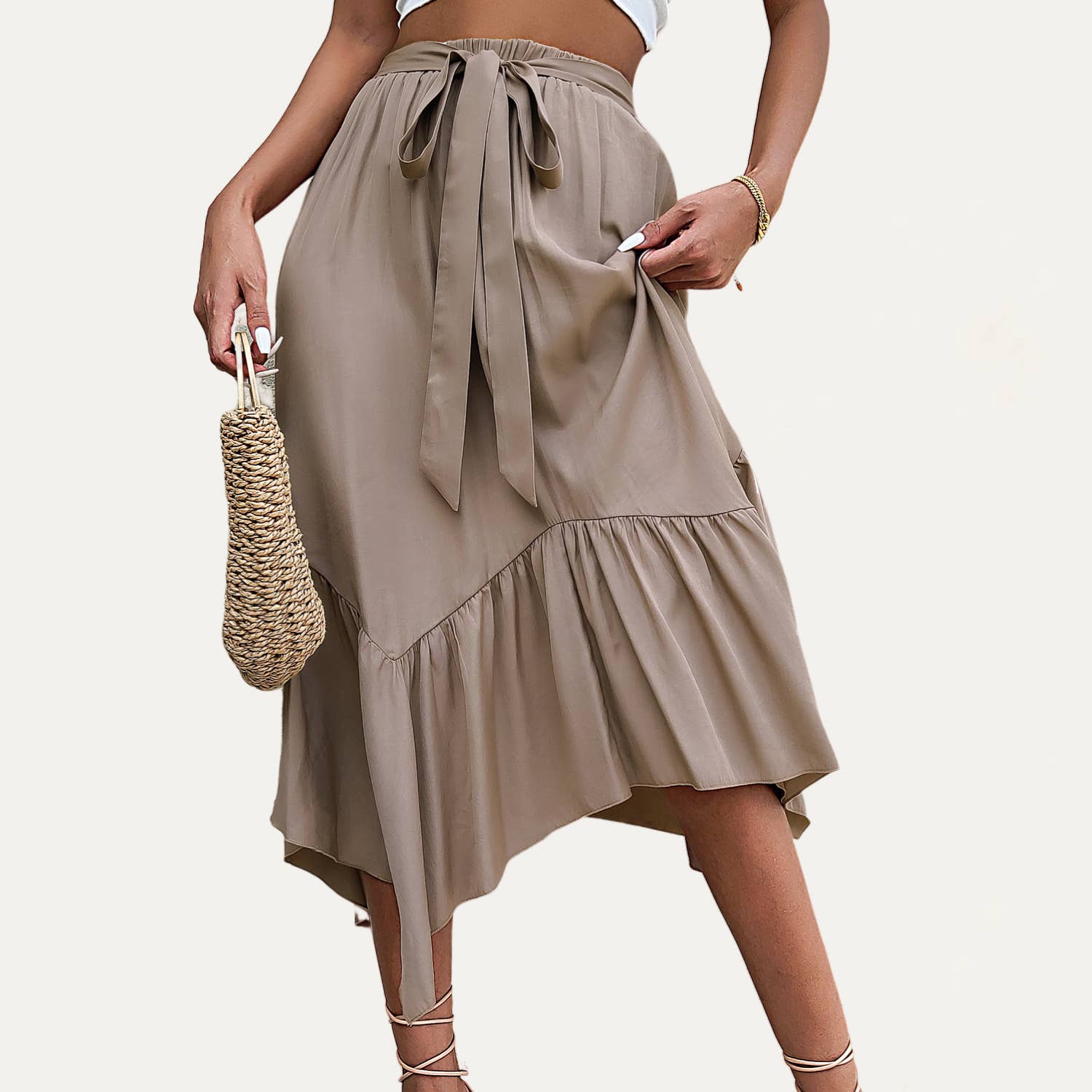 Unique Taupe High-Waisted Asymmetrical Maxi Skirt for wholesale on Faire5