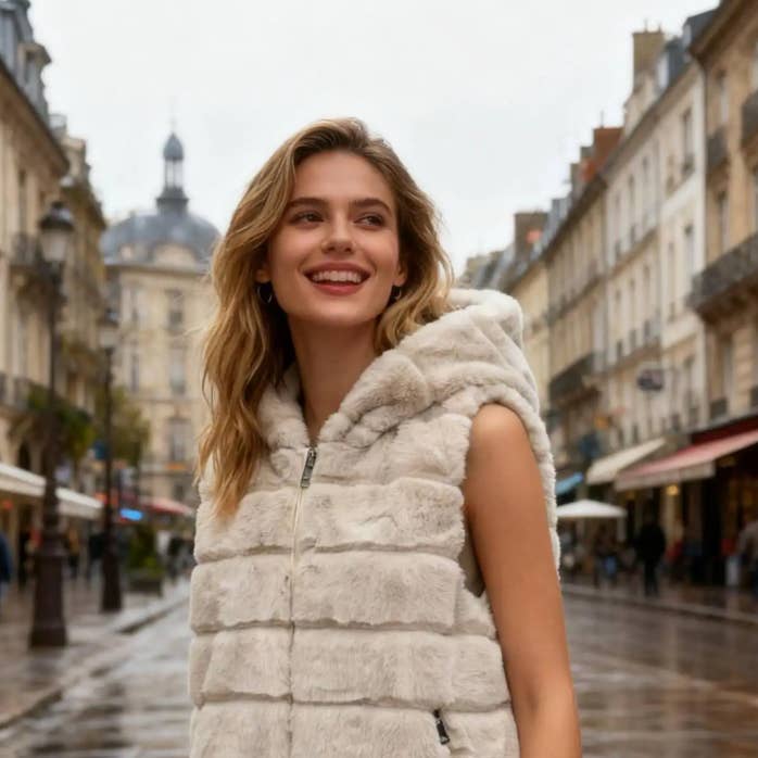 MCGOF Taglia Unica Gilet Imbottito Nuvola Bianco Sporco -Pelliccia Sintetica con Cappuccio per la vendita all'ingrosso da parte di LOOWIE