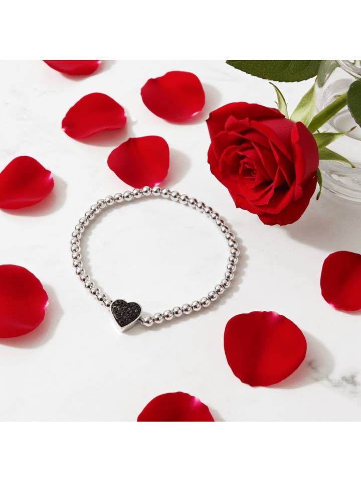 Silver Brass Ball Stretch Bracelet With Druzy Heart for wholesale by Oceanic Jewellers - Majique London