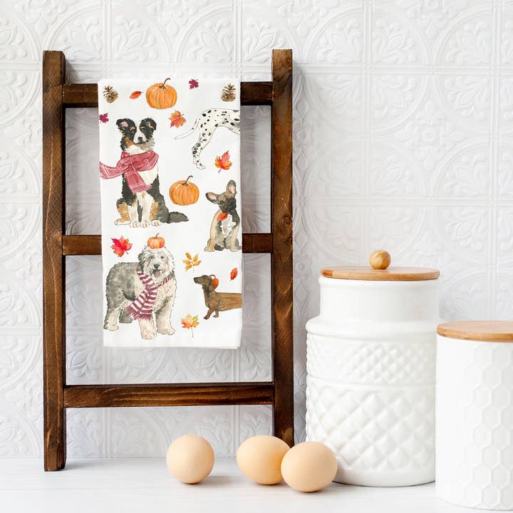 KelseyMDesigns - Wholesale Tea Towel - Cozy Fall Dogs Kitchen Towel - Fall Tea Towel2