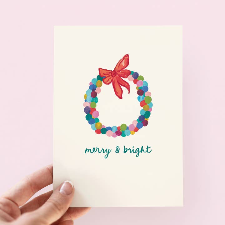 The Shelley Society - Wholesale Season's Greetings Card - Colorful Merry & Bright Bauble Wreath Holiday Greeting Card1
