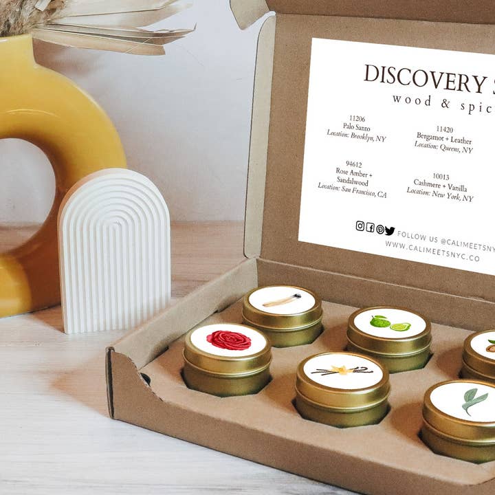 Set regalo di candele in latta Woo+Spice Discovery per la vendita all'ingrosso da parte di Cali Meets NYC