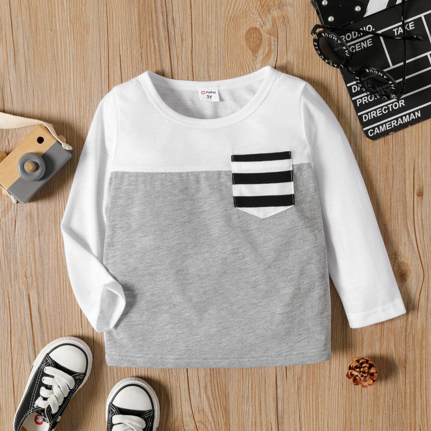 PatPat – Engroshandel T-shirt - Børn – Toddler Boy Stripe Splice Brystlomme Decor Langærmet Tee0