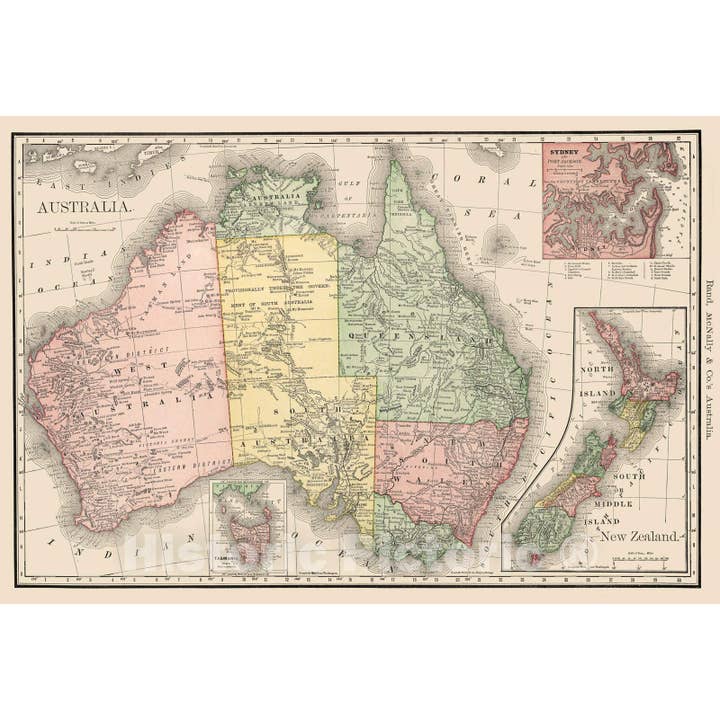 Mapa histórico de Australia, Sídney y Nueva Zelanda, 1882 para venta al por mayor de Historic Pictoric
