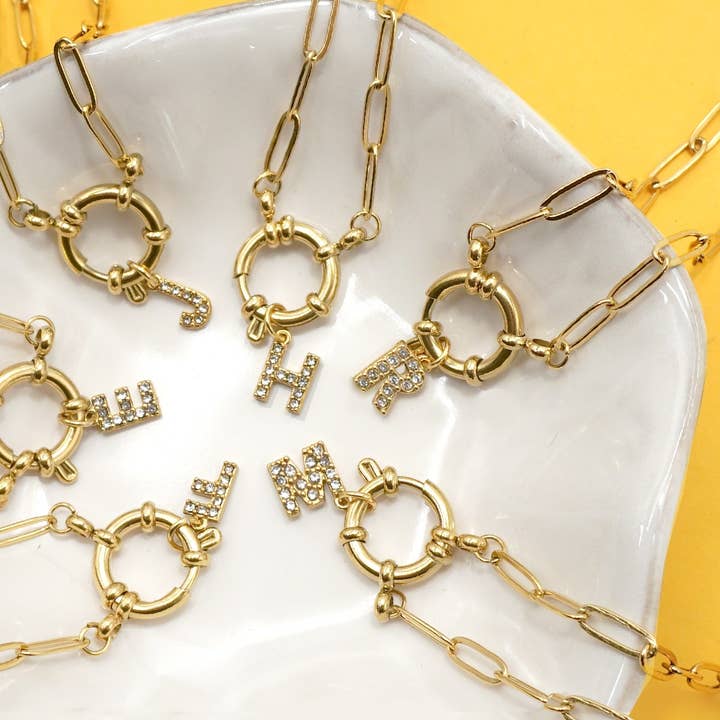 JOSSLYN by wall to wall - Wholesale Pendant/Charm Necklace - 18K STAINLESS STEEL RHINESTONE INITIAL NECKLACE | 40NK948620